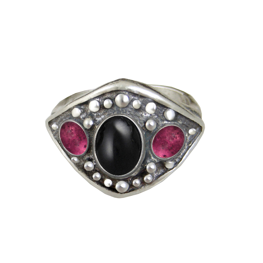 Sterling Silver Medieval Lady's Ring with Black Onyx And Pink Tourmaline Size 8